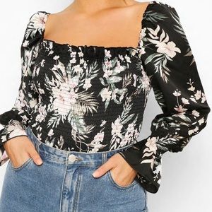 TROPICAL FLORAL SATIN LONG SLEEVE CROP TOP. Plus size Black White Green SZ 16